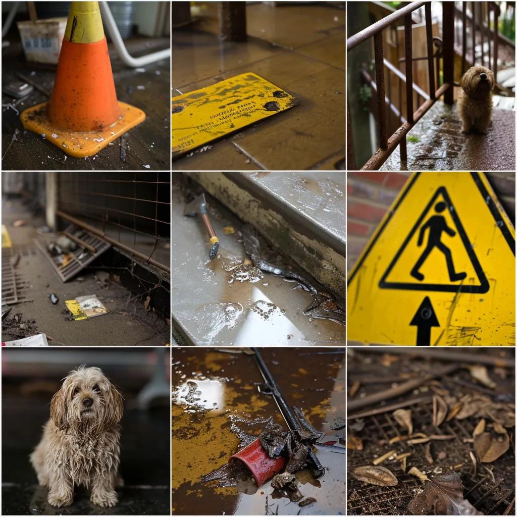 Collage of premises liability cases including wet floor, broken railing, and dog hazards